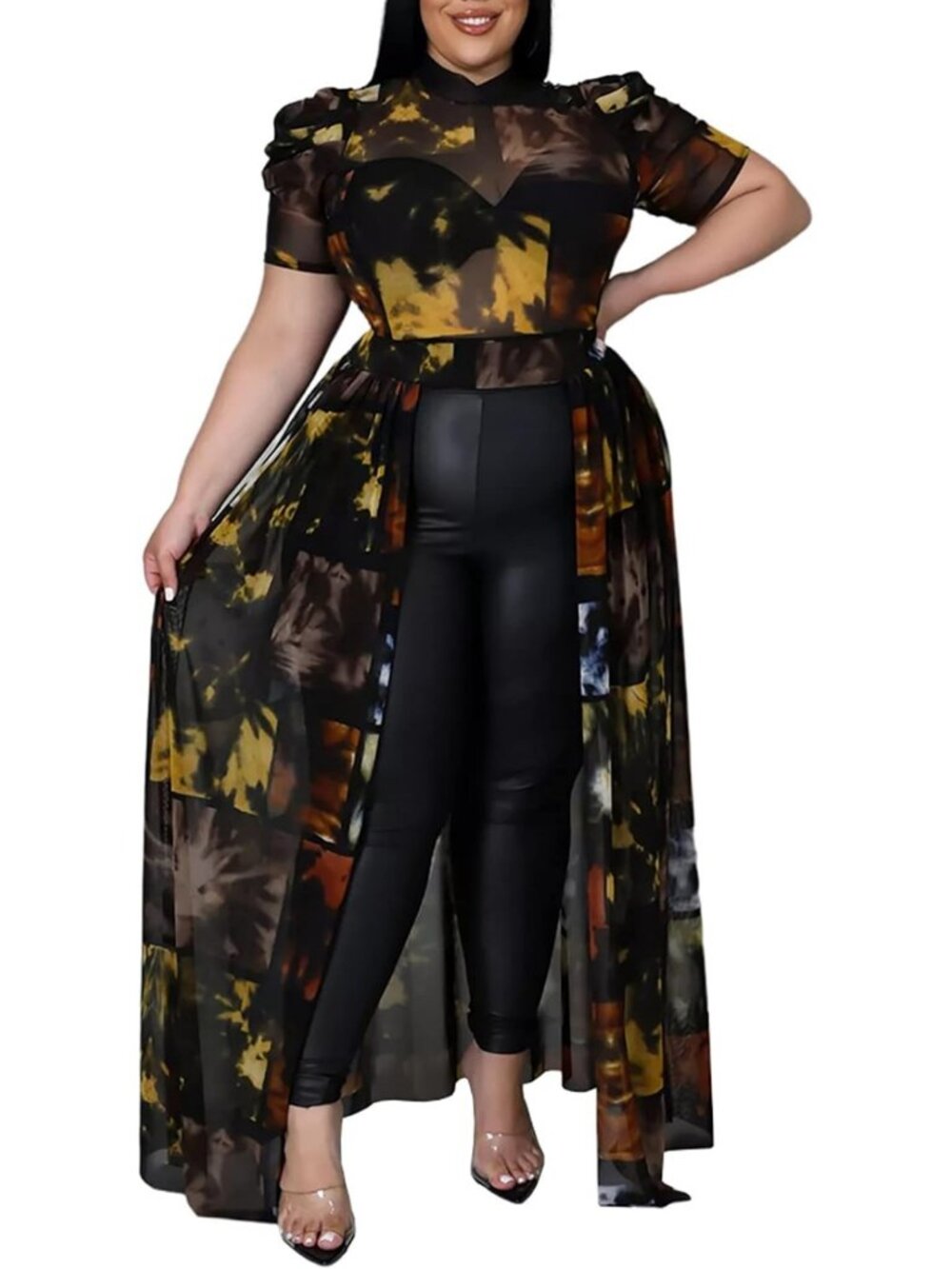 Plus Size High Low Tunic Dress with Mesh Puff Sleeves - Stylish & Trendy Top